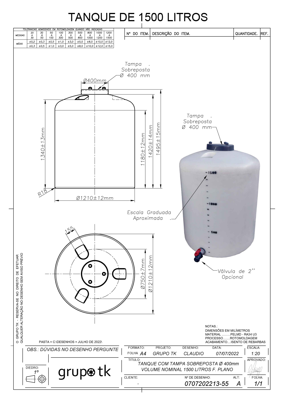 Tanque 1500 fundo plano